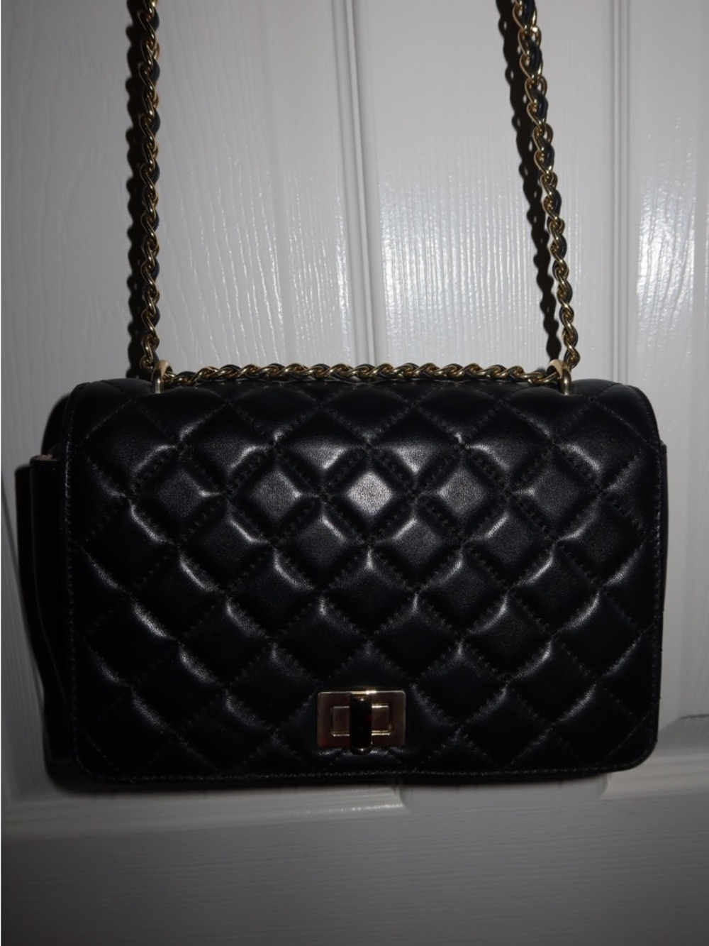 Talbots Black Quilted Leather Crossbody with Gold Chain